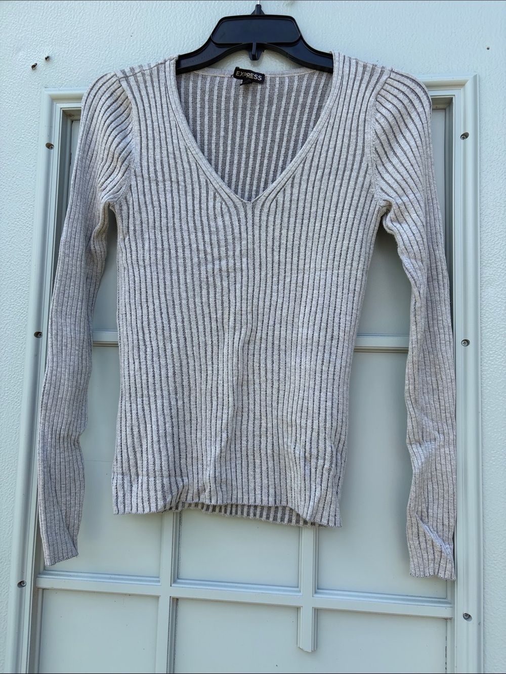 Express Slim Ribbed V-Neck Sweater in Light Beige Heather